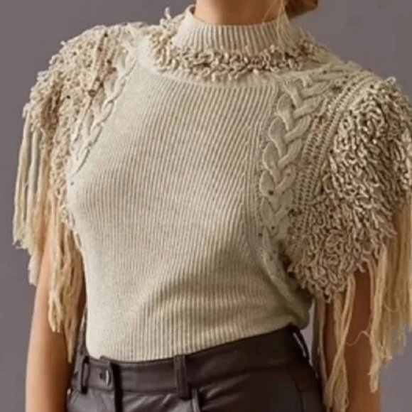 Anthropologie Aphrodite Fringe Embellished Embroidered Open Back Tee Top Sweater - Picture 1 of 11